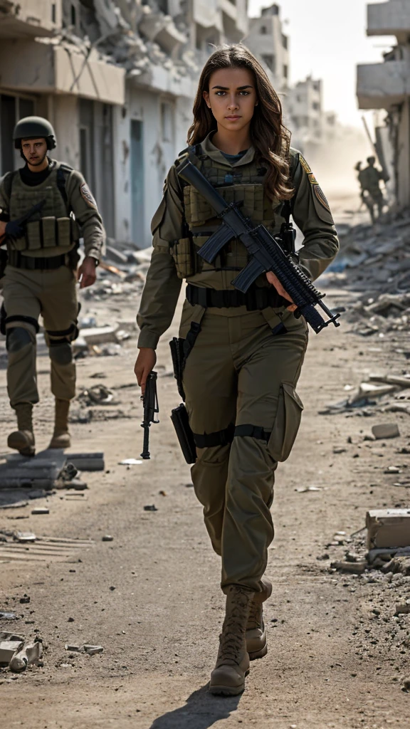 a beautiful US latin 22 years old female soldier in full military uniform, athletic slender body, fully geared, wearing military boots, wearing isreali military pants, wearing US military shirt, (holding an automatic rifle:1.3), wearing ammunition pouches, (determined face, intense look, dust on face, dust on uniform:1.2), tan skin, long wavy brown hair, light brown eyes, thin face, (walking in the middle of a ruined Gaza city street with her squad, rumbles in the street:1.2), determiined face, intense look, dusty face, dusty uniform, (sunny lighting:1.1), ultra high res.photorealistic:1.4, UHD, (anatomically correct:1.2), Large breast