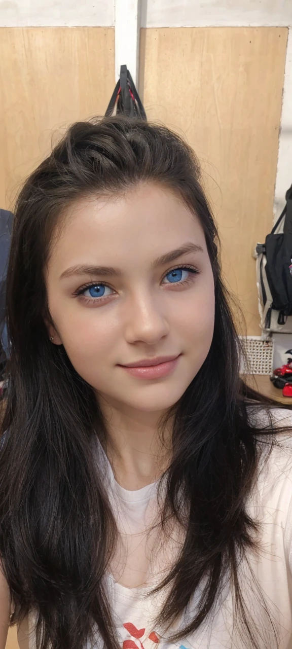 8K, Best Quality, Masterpiece, Ultra High Resolution, (Realism: 1.4), Original Photo, (Real Skin Texture: 1.3), (Film Grain: 1.3), (Selfie Angle), (1 Girl), Beautiful Blue Eyes and Face Details, Masterpiece, Best Quality, Close Up, Upper Body, Looking at the Audience, White T-Shirt, In the Room, Transparent Skin, Smiling