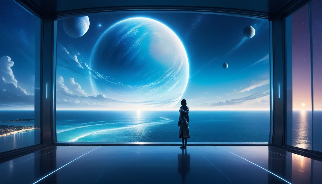 at night, front view of a person overlooking an infinite beautiful ocean with clear water out of a large window in a futuristic apartment with a planet in the sky in the background