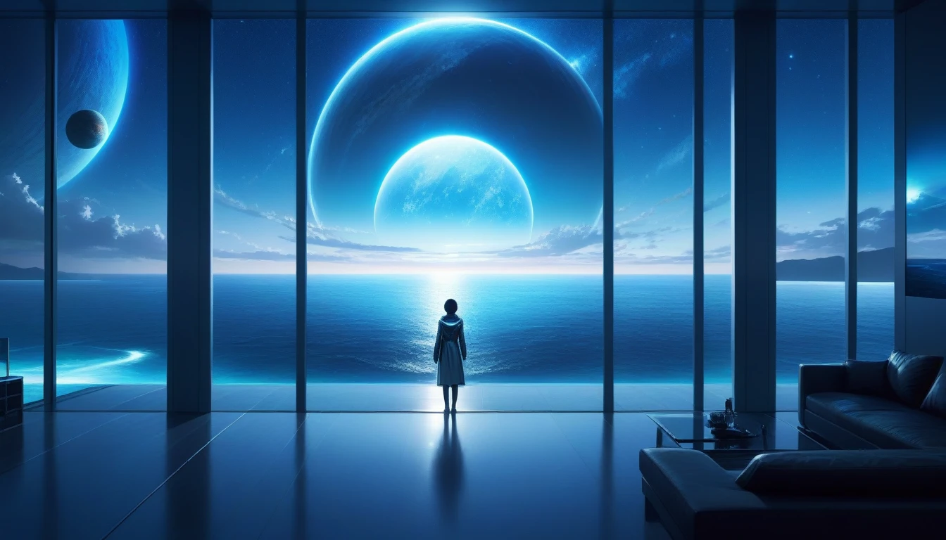 at night, front view of a person overlooking an infinite beautiful ocean with clear water out of a large window in a futuristic apartment with a planet in the sky in the background