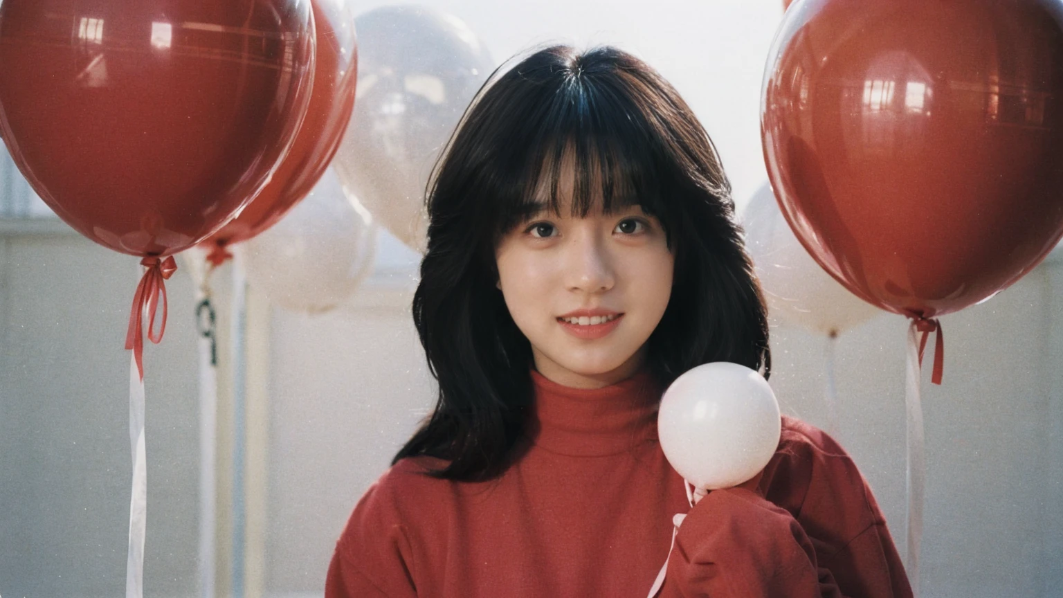 fashion portrait photo of beautiful young woman smiley from the 60s wearing a red turtleneck standing in the middle of a ton of white balloons, taken on a hasselblad medium format camera , akina nakamori , shadow and ligh