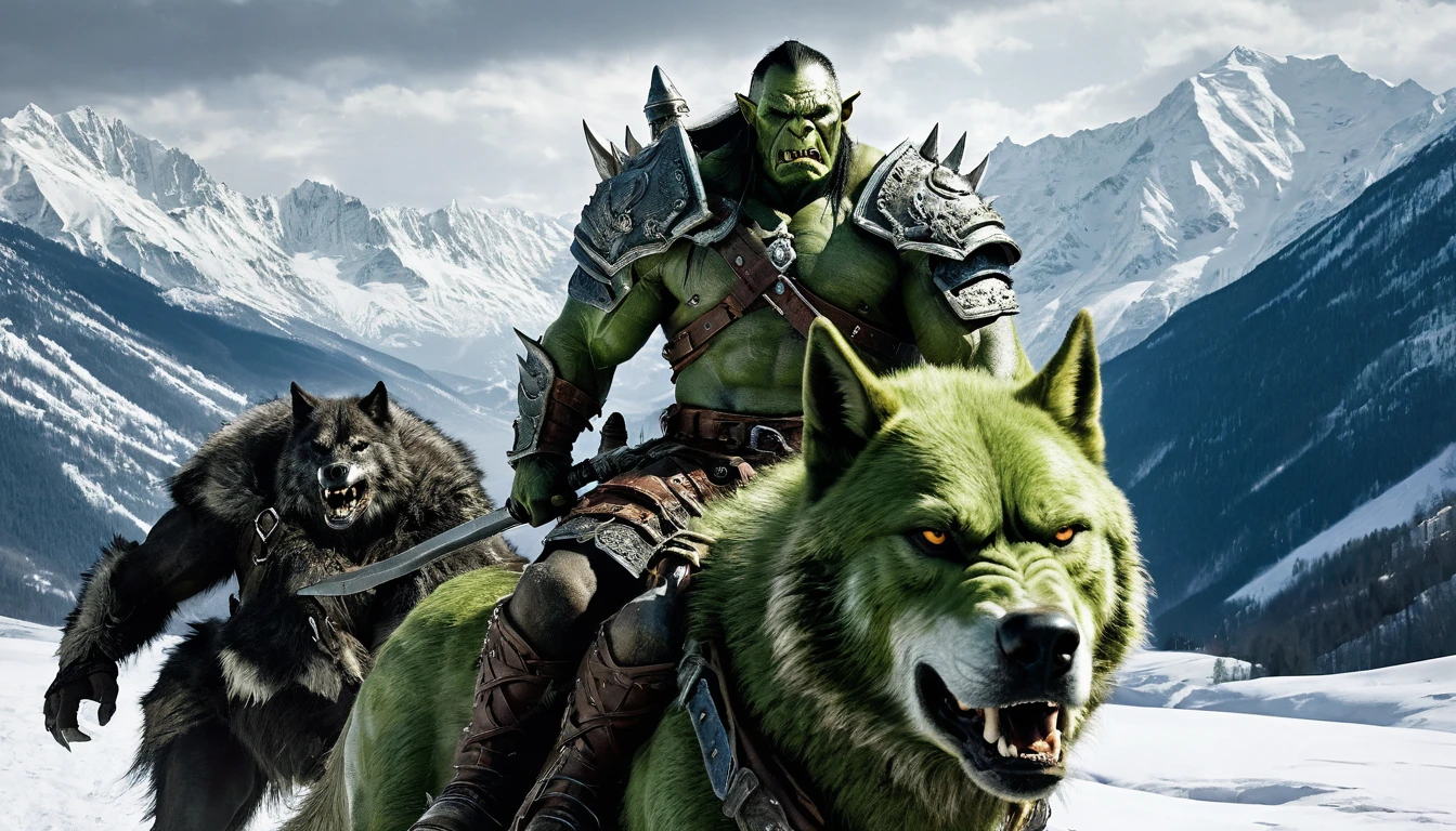 raw photo, cinamatic, a green-skinned orc in armor is riding a giant wolf. The background features a snow-covered valley surrounded by tall mountains, creating a cold and desolate environment. The orc has a fierce expression, and the wolf looks equally formidable, both exuding a sense of menace. unaestheticXL_bp5