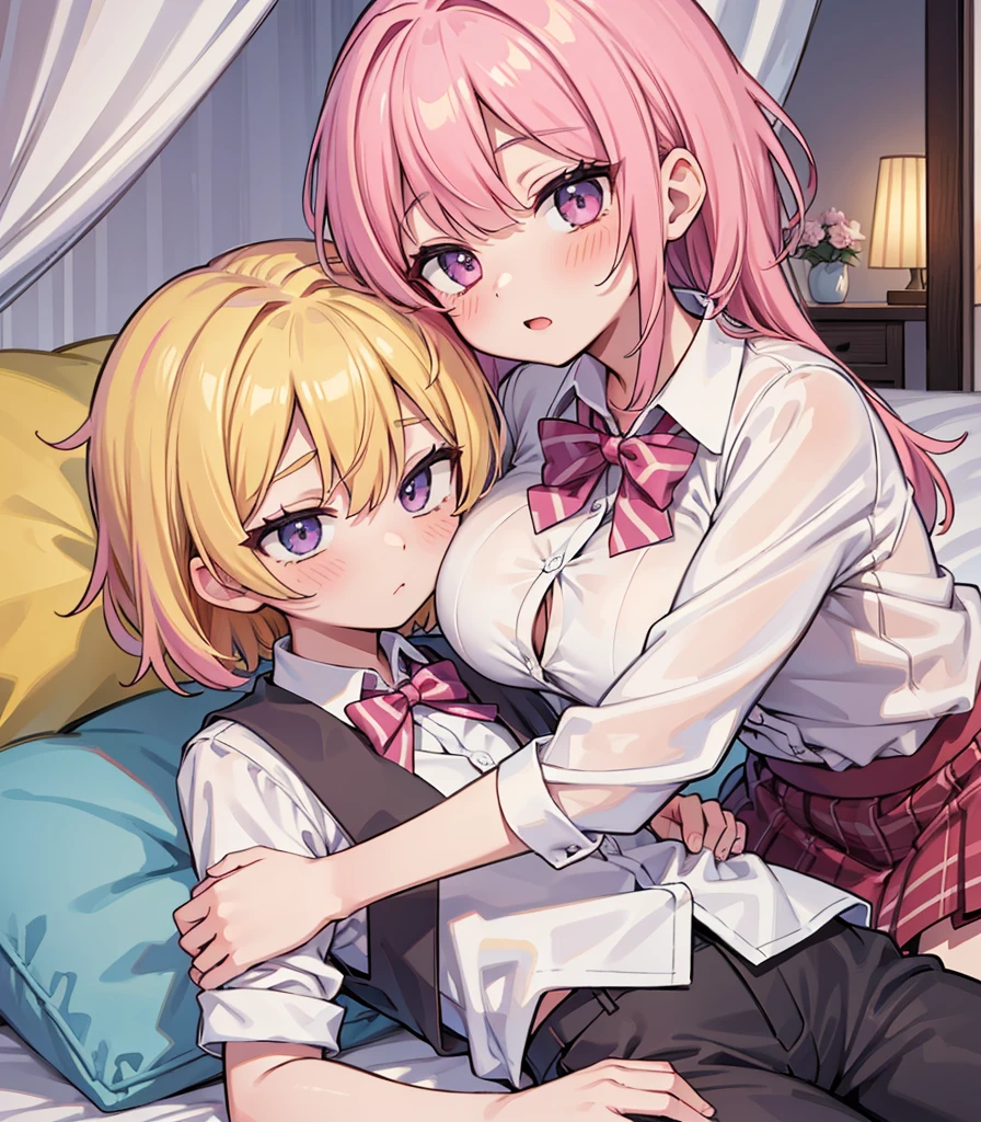 masterpiece, Highest quality, so beautiful, absurdists,High resolution,One girl, One boy,Cuddling in bed, like,sexly,Look at each one, blush,Age difference,bow tie,blondes,chest,Long Hair,Pink Hair,Tucked in shirt,short hair,skirt,Tent shirt,Slut,Big breasted sister and brother,Siblings, trousers,Pushing her big tits against her brother,(My brother's small erect penis),((((姉のvery huge breasts,Sister crushes her big tits in her brother's face)))),(((((Very huge breasts))))),(((((small penis,NSFW,Soft Very HUGE breasts))))),((Bursting Breasts,弟の顔を隠すHuge breasts)),((((((((Huge breasts,Large Breasts,とてもLarge Breasts、すごくLarge Breasts、とてつもなくLarge Breasts)))))))),Two people gazing at each other,puffy nipples,(Face crushed by ,Huge breastsを弟の体に乗せる)