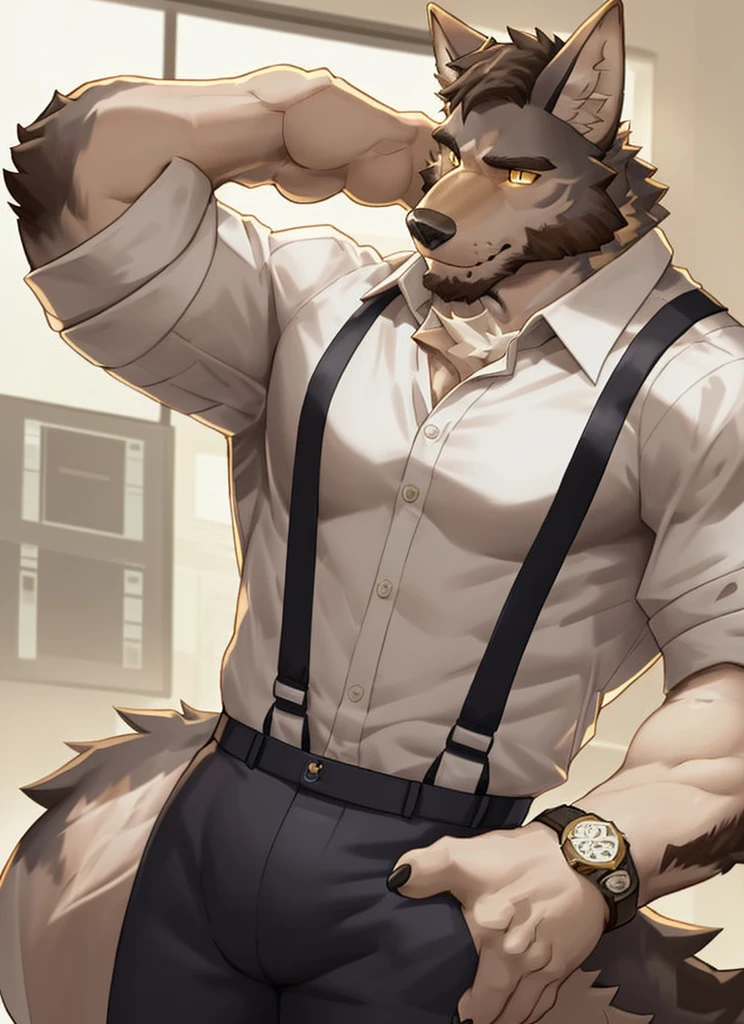 william adler, solo, shirt, 1boy, white shirt, upper body, male focus, collared shirt, pants, looking to the side, suspenders, pectorals, sleeves rolled up, watch, wristwatch, wolf ears, beard, yellow eyes, detailed eyes