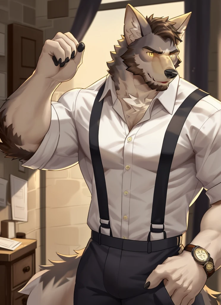 william adler, solo, shirt, 1boy, white shirt, upper body, male focus, collared shirt, pants, looking to the side, suspenders, pectorals, sleeves rolled up, watch, wristwatch, wolf ears, beard, yellow eyes, detailed eyes