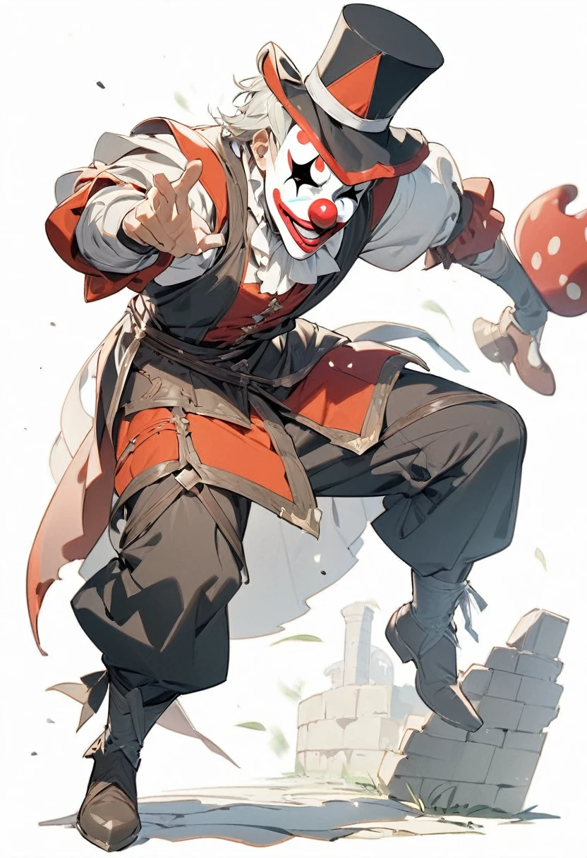 ({masterpiece}},{best quality,}，white background,full body，middle Ages,1man,clown mask，Top Hat，Lively，Handsome，Lean，({masterpiece}},{best quality}