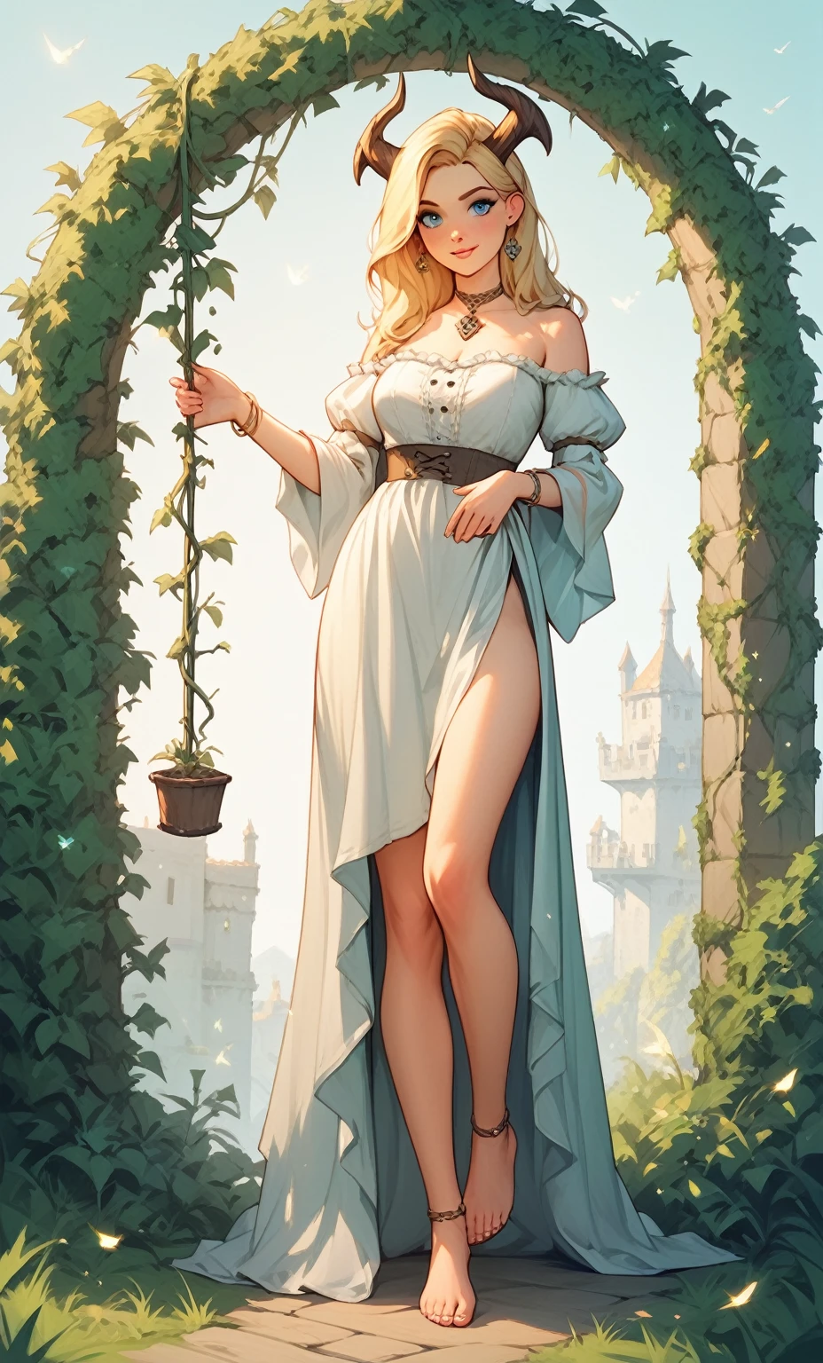 check_9, check_8_up, check_7_up, check_6_up, check_5_up, check_4_up, SorakaLoLXL, masterpiece, Best quality, A high resolution, bbandro, Yellow medieval summer girl, concept, the vines on the hand and the horns from the vine look at the viewer, full length, standing on his feet, legs wrapped in roots, dressed, blonde, Blue eyes