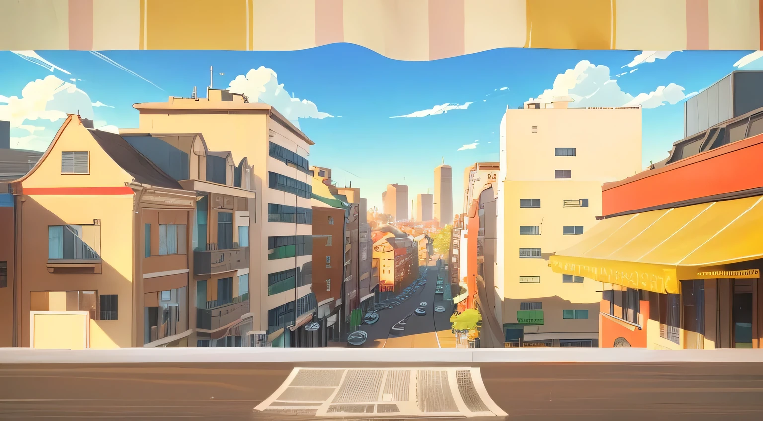 There is a newspaper on the table,The background is a city, City street background, Town Background, Anime style cityscape, Cozy cafe background, Street background, diner background, City background, Downtown Background, Anime Background Art, Dirty street background, Daytime city view, Anime Landscape Concept Art, City background, Volleyball court background, detailed City background