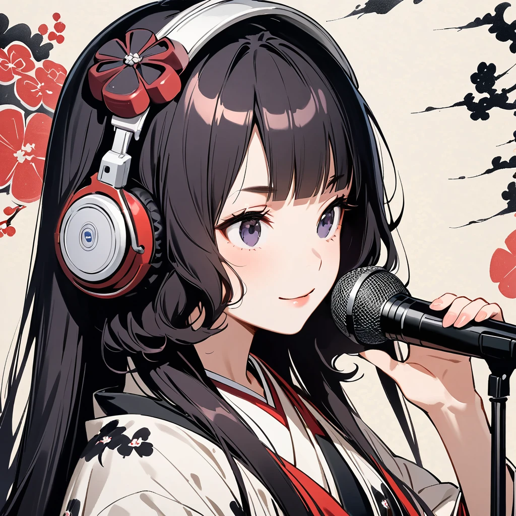 (((Ink Painting))), (((1 girl))), (((Skull tattoo on face))), (((Gorgeous hair accessories))), Japanese style headphones, (((dj))), Japanese Beauty, Black Hair, smile