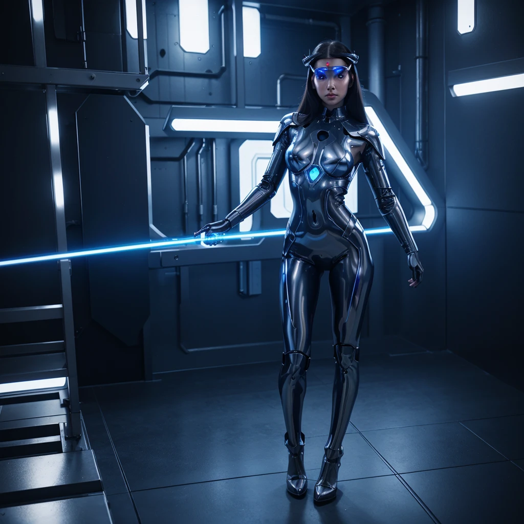 Full-body shot of a seductive female cyborg with a minimalist headpiece integrated into her hair. Detailed face with glowing eyes. Wearing a form-fitting metallic and plastic suit resembling armor with high-tech elements. Background: futuristic laboratory. Pose: one hand extended forward, as if controlling a hologram.