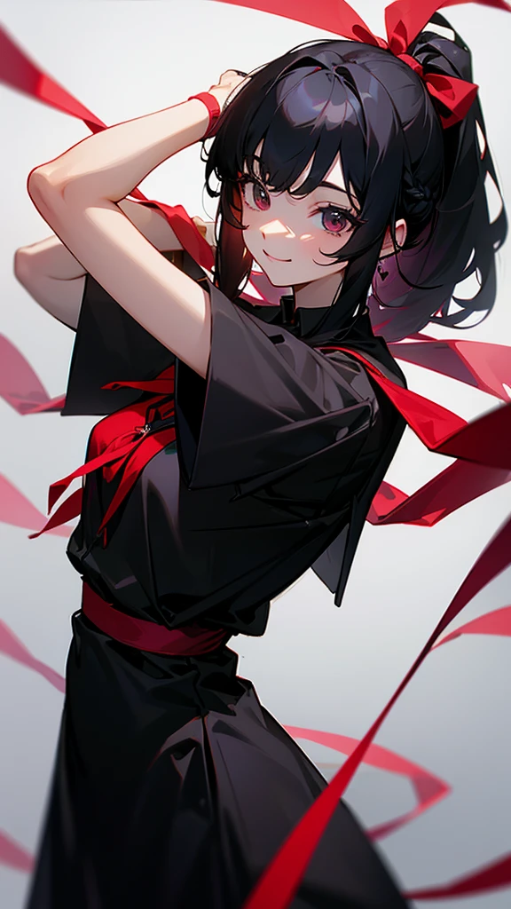 Two or more female college students、Black Hair Semi-Long、Tying hair with a red ribbon、Wearing a black jersey、Looking this way and smiling