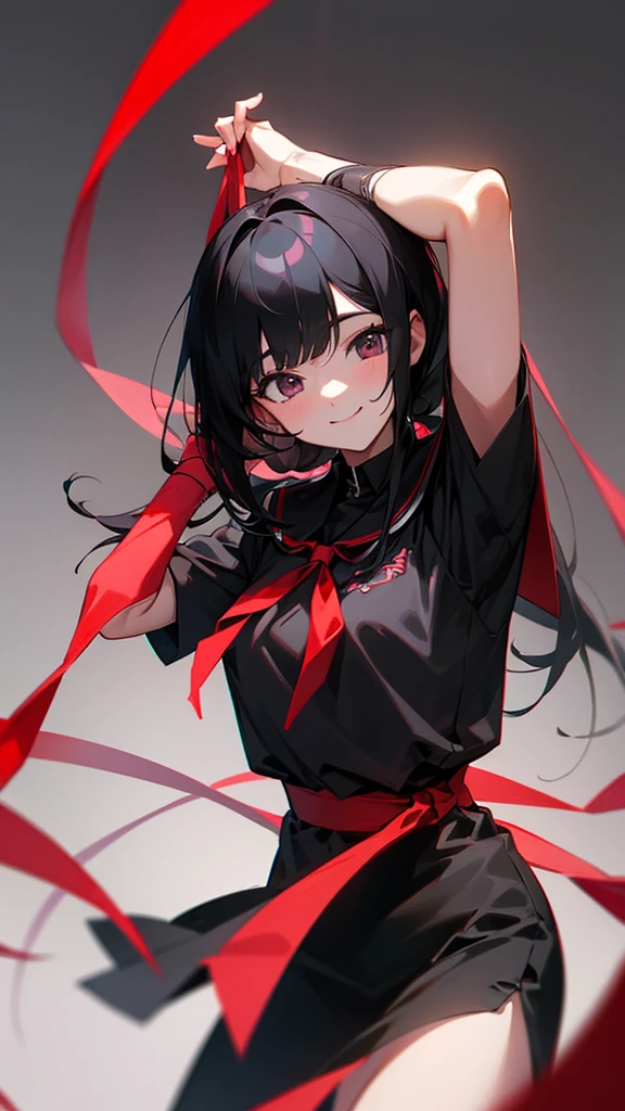 Two or more female college students、Black Hair Semi-Long、Tying hair with a red ribbon、Wearing a black jersey、Looking this way and smiling