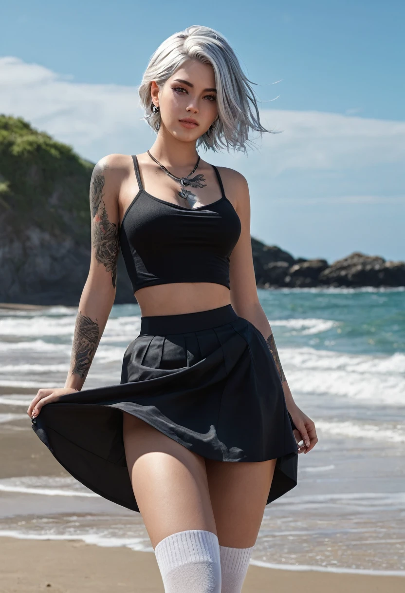 ((masterpiece)), ((best quality)), ((highres)), ((extremely detailed CG unity 8k wallpaper)), solo, , black skirt, white socks, outdoors, face, curtained hair, beach, parted hair, silver hair, tattoo,big tits,navel piercing