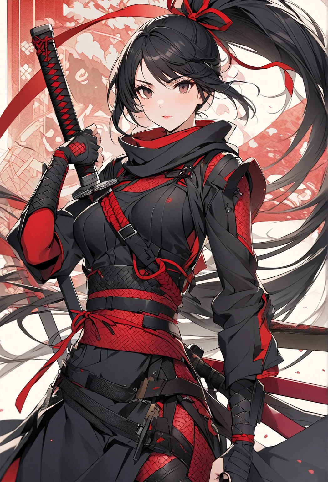 "Create an illustration of a futuristic female ninja with black hair, wearing a detailed and modernized ninja costume and equipped with traditional and technical weapons. She has long black hair tied with a red ribbon and a symbol She must be wearing an advanced black outfit with red accents that include letters. She holds a sword with intricate patterns on the hilt and sheath. The setting is Edo period.