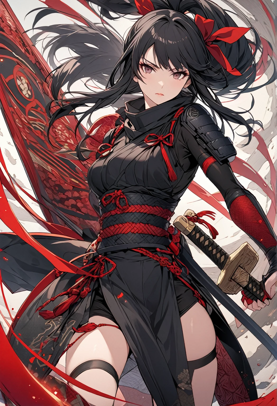 "Create an illustration of a futuristic female ninja with black hair, wearing a detailed and modernized ninja costume and equipped with traditional and technical weapons. She has long black hair tied with a red ribbon and a symbol She must be wearing an advanced black outfit with red accents that include letters. She holds a sword with intricate patterns on the hilt and sheath. The setting is Edo period.