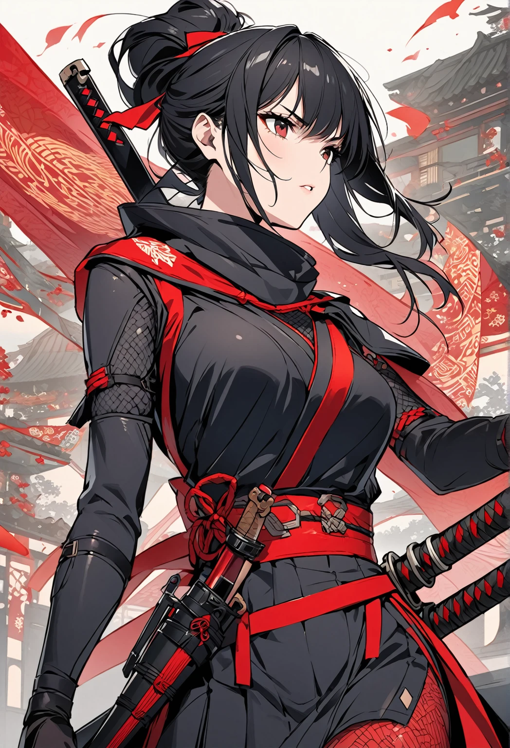 "Create an illustration of a futuristic female ninja with black hair, wearing a detailed and modernized ninja costume and equipped with traditional and technical weapons. She has long black hair tied with a red ribbon and a symbol She must be wearing an advanced black outfit with red accents that include letters. She holds a sword with intricate patterns on the hilt and sheath. The setting is Edo period.