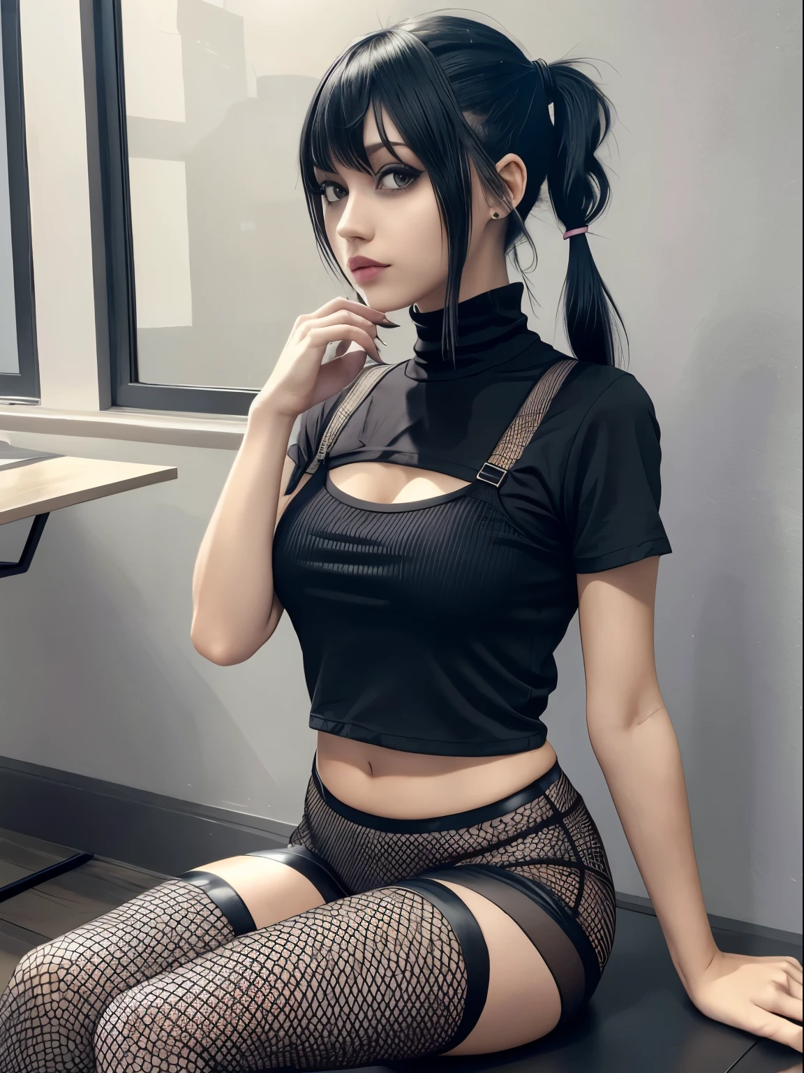 1girl, masterpiece, fishnet leggings, goth, skinny, colorful hair, bedhead, black shirt, sitting, short pigtails, bangs, short hair