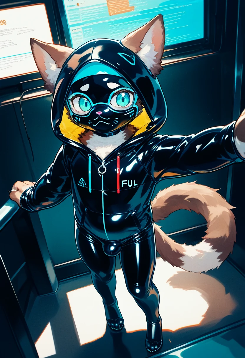 Highest quality, Highest quality, High quality illustrations, masterpiece, Ultra-high resolution, Detailed Background, Games Room, Absurd, Perfect Anatomy, performance, Good lighting, Shadows in the movies(kemono, Furry PersonifiCation), Cat, Dark Skin, Rubber suit, Rubber suit, latex, neon, neonライト, neonカラー, Rubber spats, Rubber Hoodie, Rubber mask, ribbon, Embarrassing, Null bulge, male, juvenile, From above