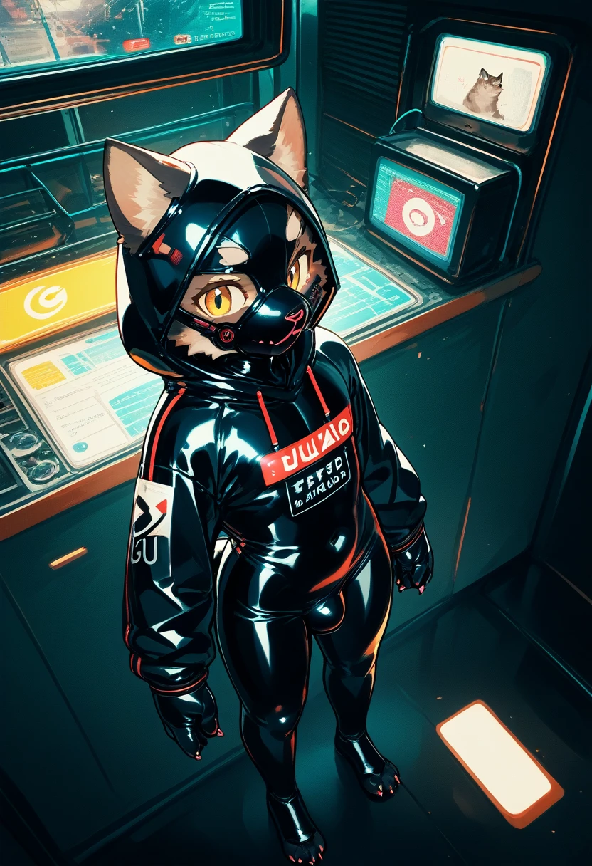 Highest quality, Highest quality, High quality illustrations, masterpiece, Ultra-high resolution, Detailed Background, Games Room, Absurd, Perfect Anatomy, performance, Good lighting, Shadows in the movies(kemono, Furry PersonifiCation), Cat, Dark Skin, Rubber suit, Rubber suit, latex, neon, neonライト, neonカラー, Rubber spats, Rubber Hoodie, Rubber mask, ribbon, Embarrassing, Null bulge, male, juvenile, From above
