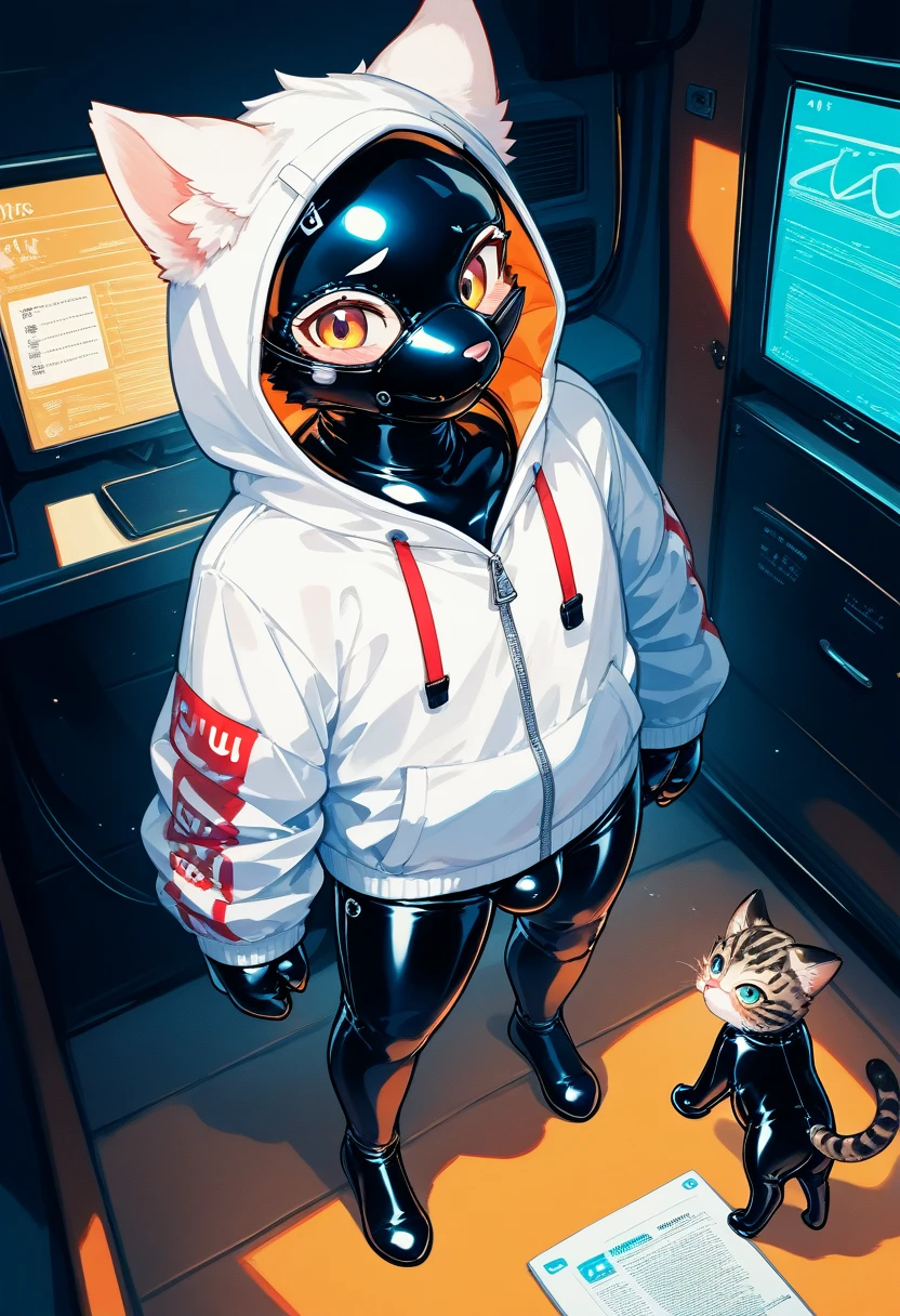 Highest quality, Highest quality, High quality illustrations, masterpiece, Ultra-high resolution, Detailed Background, Games Room, Absurd, Perfect Anatomy, performance, Good lighting, Shadows in the movies(kemono, Furry PersonifiCation), Cat, Dark Skin, Rubber suit, Rubber suit, latex, neon, neonライト, neonカラー, Rubber spats, Rubber Hoodie, Rubber mask, ribbon, Embarrassing, Null bulge, male, juvenile, From above