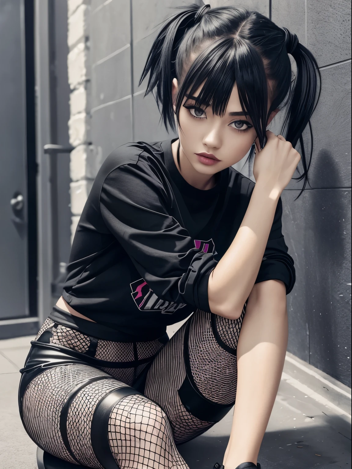 1girl, masterpiece, fishnet leggings, goth, skinny, colorful hair, bedhead, black shirt, sitting, short pigtails, bangs, short hair