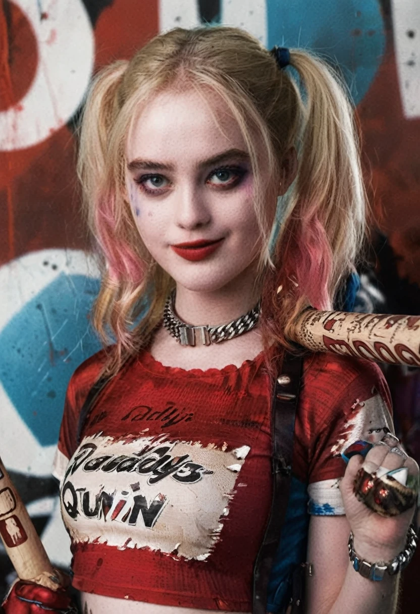 An illustrated movie poster of Kathryn Newton dressed as Harley Quinn, half-body shot, laughter, holding a barbed baseball bat over shoulder menacingly, f /2.8, cinematic, high quality, movie poster quality, skin texture, looking at the camera  hard shadows, graphite shading, stencil marks, airbrushed acrylic paint, masterpiece, BREAK, holding out a carboard sign written: 'Daddy's good girl!', 