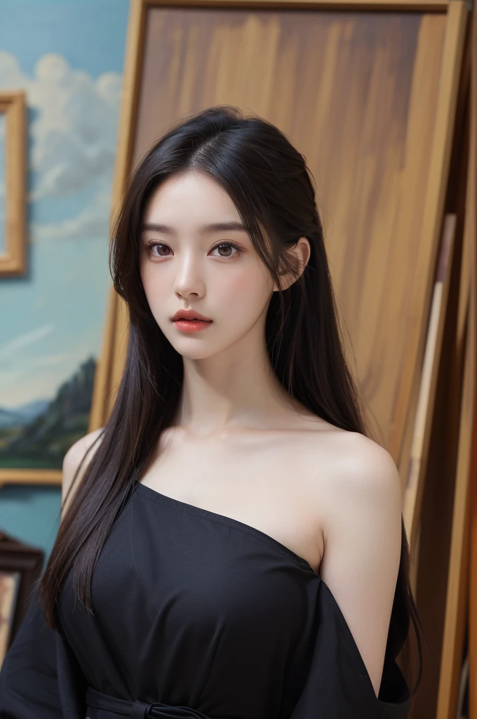 1 woman, good, chest, divided, Lips, long hair, purple theme, get off, painting_\(middle\), Sky blue_good, Sky, realistic, alone, (masterpiece),(paintingrealistic: 1.3), nfsw, very detailed, (detailed skin: 1.2), (best quality: 1.0), (ultra high resolution: 1.0 ), (((best quality, 8 thousand, masterpiece:1.4)), (20 year old woman),