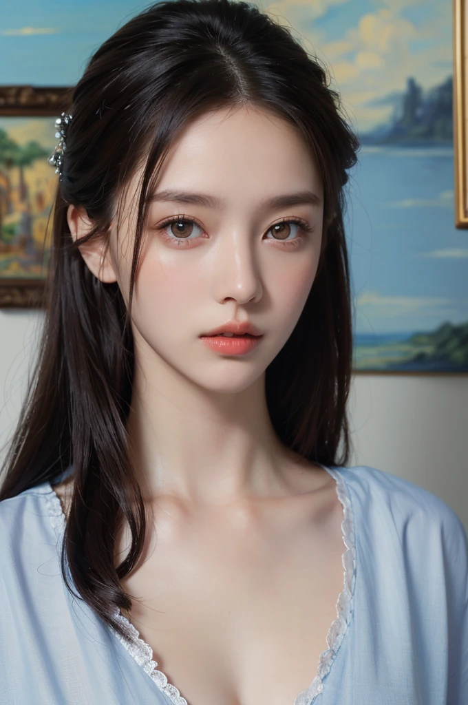 1 woman, good, chest, divided, Lips, long hair, purple theme, get off, painting_\(middle\), Sky blue_good, Sky, realistic, alone, (masterpiece),(paintingrealistic: 1.3), nfsw, very detailed, (detailed skin: 1.2), (best quality: 1.0), (ultra high resolution: 1.0 ), (((best quality, 8 thousand, masterpiece:1.4)), (20 year old woman),