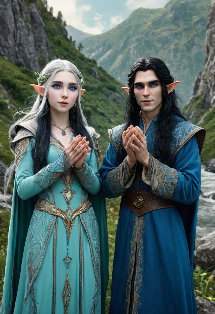 Image of a man and women who are elves , man long hairs , women with black hairs and pale skin , blue eye on both man and women , man and women with normal expression , man and women wearing old elven cloths , lifted their hands with magic balls in their hands , mountain scenery
