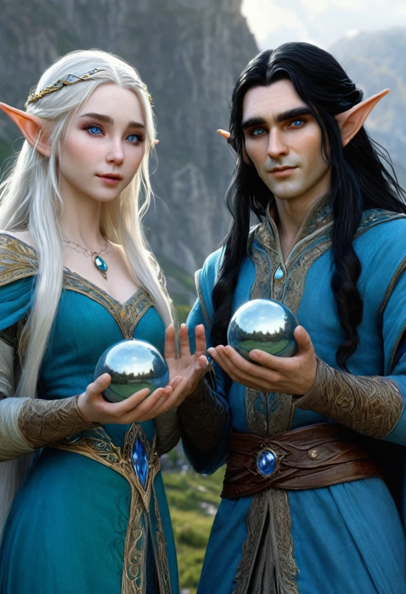 Image of a man and women who are elves , man long hairs , women with black hairs and pale skin , blue eye on both man and women , man and women with normal expression , man and women wearing old elven cloths , lifted their hands with magic balls in their hands , mountain scenery
