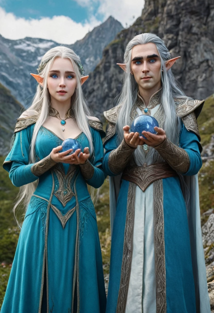 Image of a man and women who are elves , man long hairs , women with black hairs and pale skin , blue eye on both man and women , man and women with normal expression , man and women wearing old elven cloths , lifted their hands with magic balls in their hands , mountain scenery