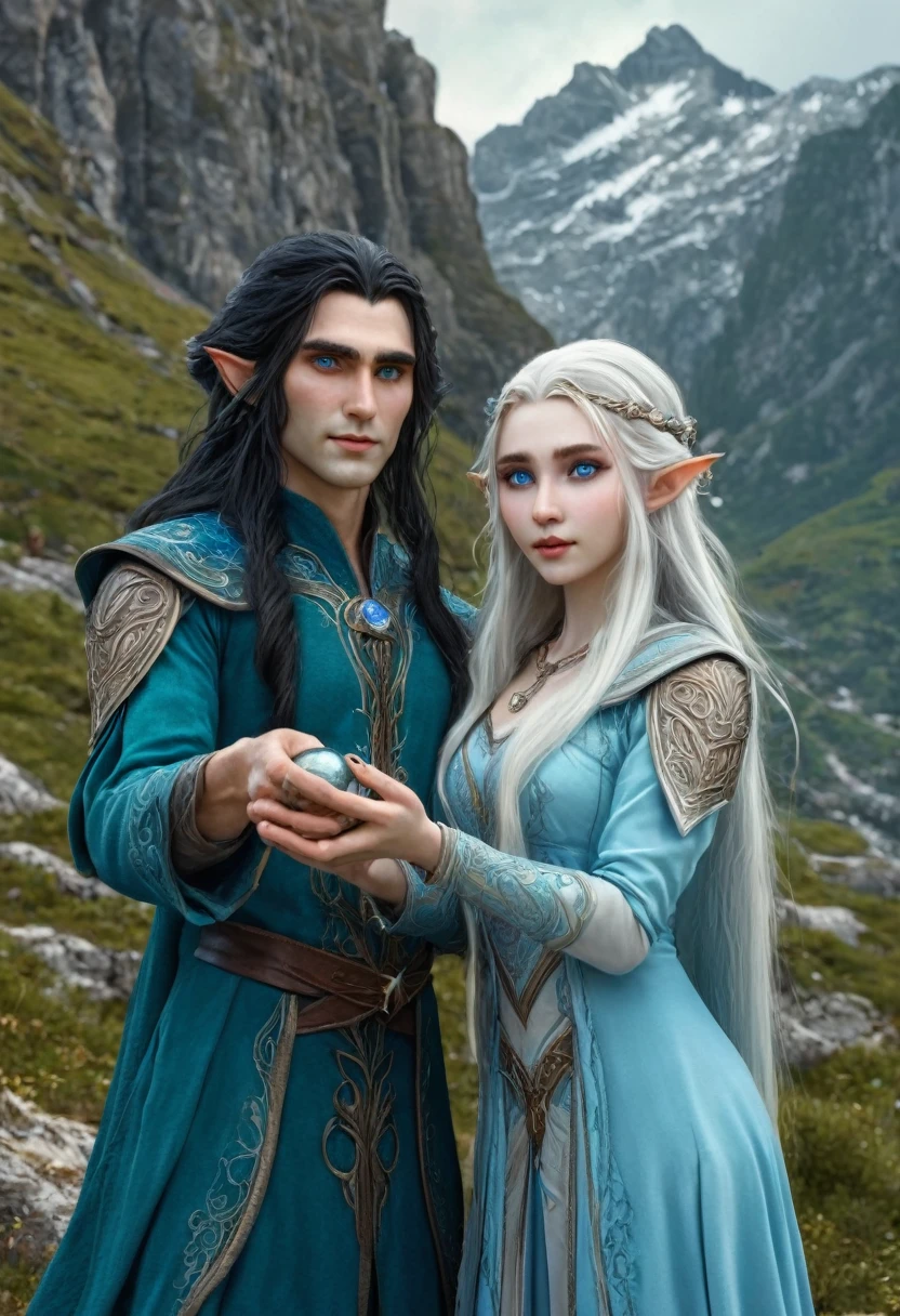 Image of a man and women who are elves , man long hairs , women with black hairs and pale skin , blue eye on both man and women , man and women with normal expression , man and women wearing old elven cloths , lifted their hands with magic balls in their hands , mountain scenery