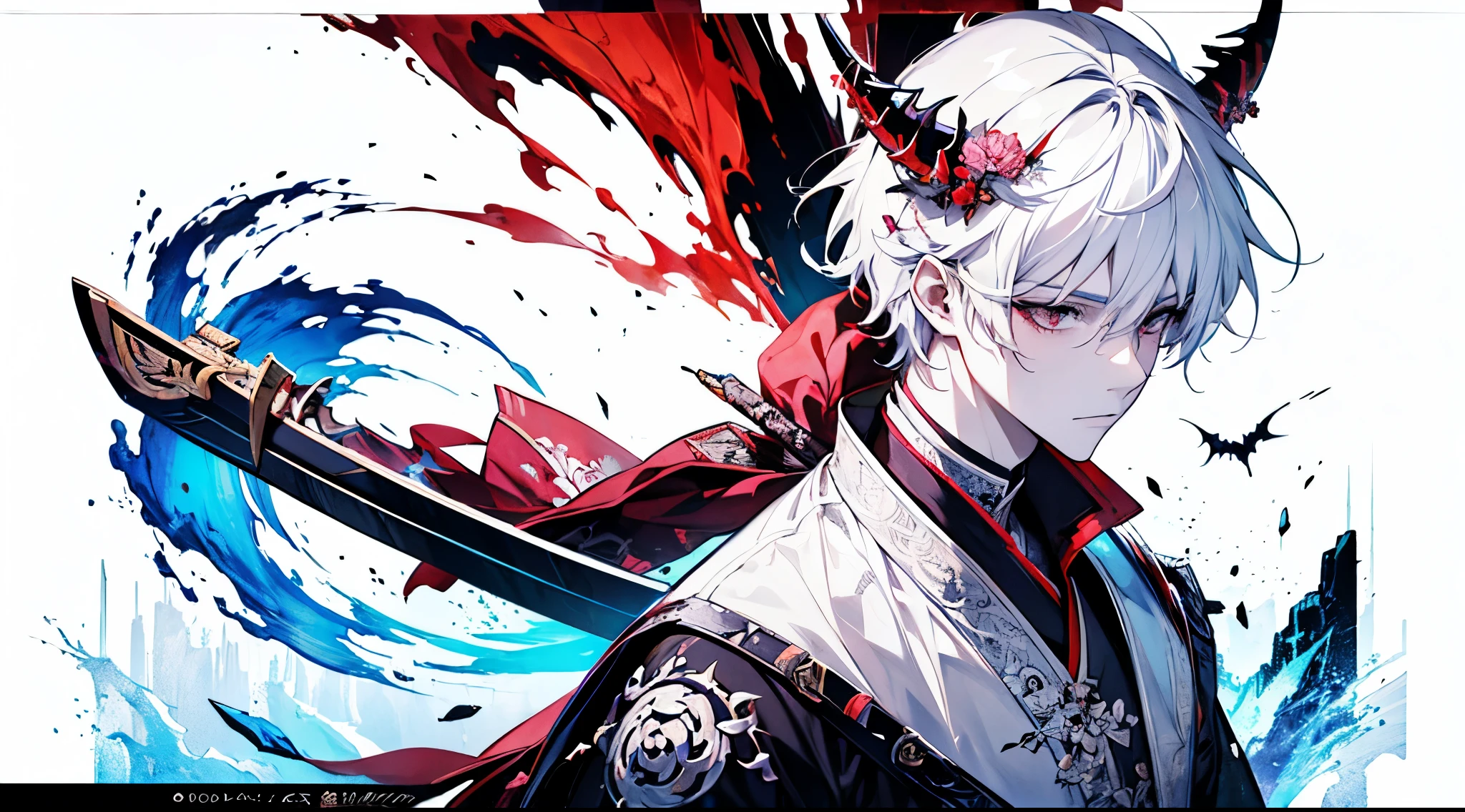 anime, a man with a sword in his hand and a demon in the background, handsome guy in demon slayer art, nagito komaeda, white haired deity, badass anime 8 k, anime epic artwork, high detailed official artwork, by Yang J, anime wallaper, detailed anime character art, hd anime wallaper, thancred waters, detailed digital anime art