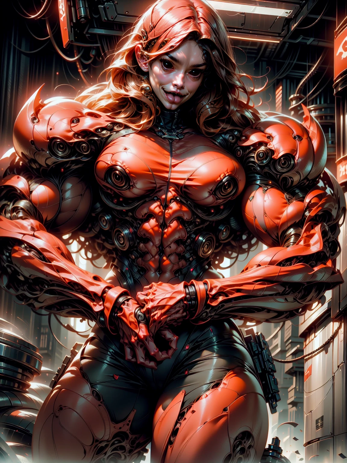 (beautiful girl:1.25), (megan fox:1.25), (naked:1.25), young girl, carnage muscular physique, seductive face, mouth wide open carnage style, long red hair, perfect muscular body, super skinny legs, cybernetic muscle suit, sissy, femboy, (carnage style physique),Fixhand, E-Girls_Mansion_Yang, kkw-colorc-neg, kkw-ph1