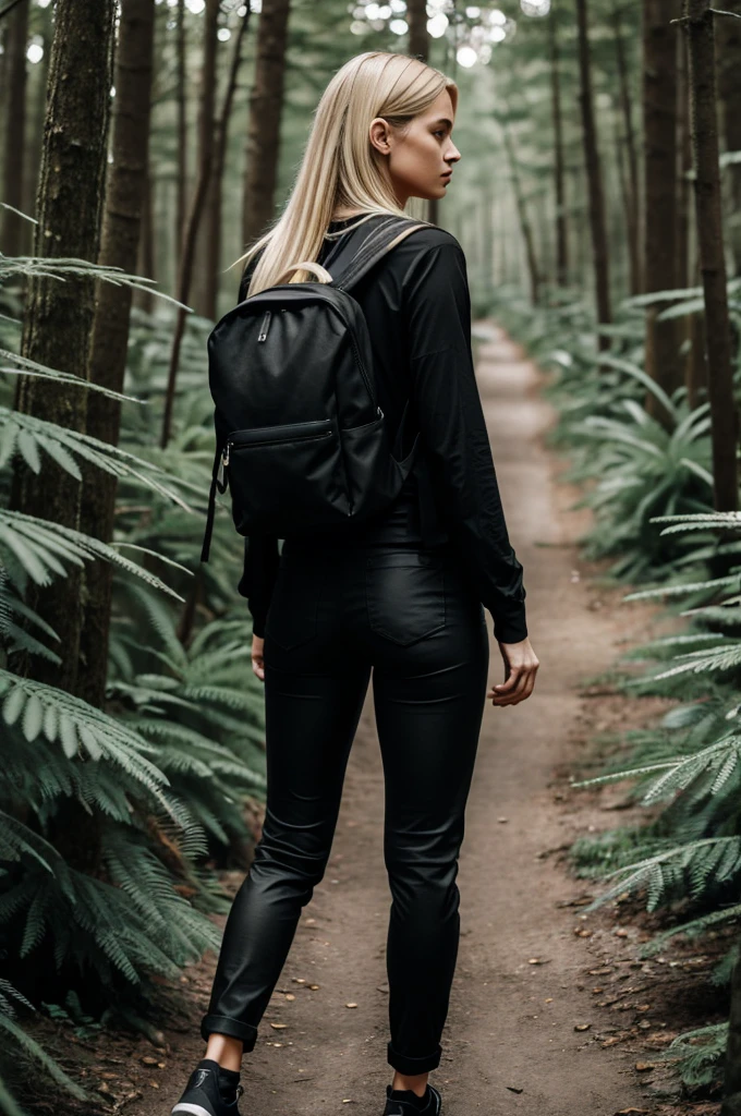 Beautiful blonde girl with robust body wearing black pants and black t-shirt with a black backpack walking through a forest