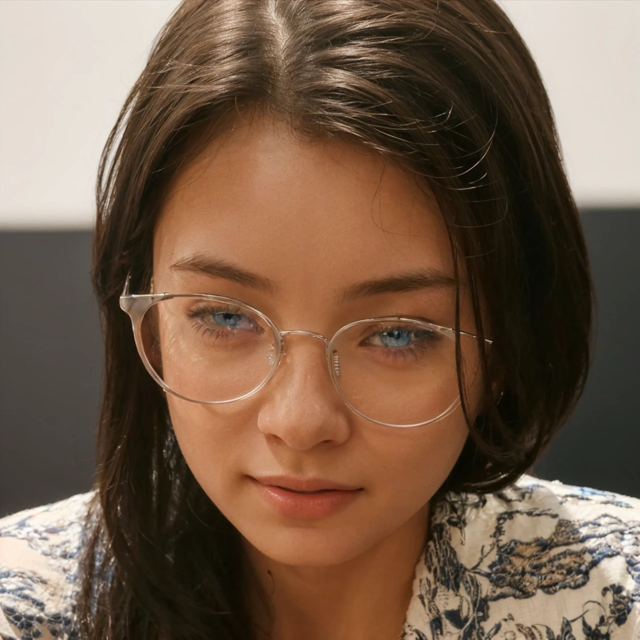 8K, Best Quality, Masterpiece, Ultra High Resolution, (Realism: 1.4), Original Photo, (Real Skin Texture: 1.3), (Film Grain: 1.3), (Selfie Angle), (1 Girl), Beautiful Blue Eyes and Face Details, Masterpiece, Best Quality, Close Up, Upper Body, Looking at the Audience, White T-Shirt, In the Room, Transparent Skin, Smiling
