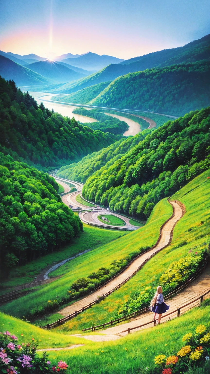 anime-style illustration, A serene landscape featuring a young woman standing on a path, overlooking terraced mountainous valley. The scene is depicted in a highly saturated and vibrant style, intense and rich colors vivid. The lush greenery, cascading hills, rendered with strong exaggerated colors that enhance the natural beauty. The sky above is clear blue sky with few clouds and distant mountain peaks. She is walking along a path illuminated by the moon and stars, creating a magical glow. The grassland is filled with glowing flowers, fireflies, and distant mountains under the night sky.