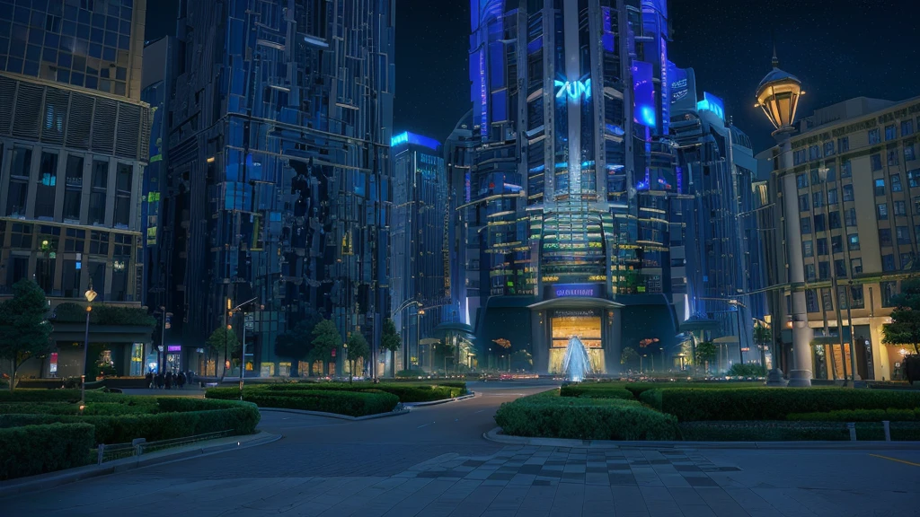 Night view of the city with fountain and bell tower, Anime style cityscape, The power of visual effects in the city at night, HD anime city landscape, Realistic establishing shot, Pixar《Zootopia》. 3d rendering, Anime landscape concept art, Random background scenes, 在Zootopia, Very detailed night cityscape, High-rise business district, Epic architecture in the center