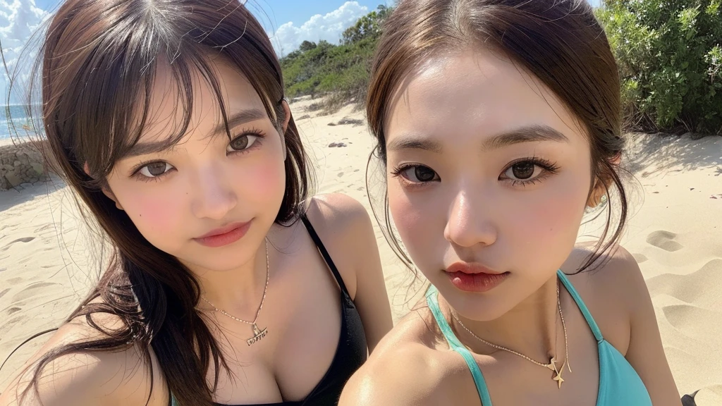 ((Photorealistic lighting, highest quality, 8k, masterpiece:1.3)), sharp focus:1.2, viewer discretion advised (New South Wales) (New South Wales) (New South Wales):1.2, ((realistic)), ((natural light, highest quality)), model-like figure:1.4, (dark brown hair, chest out:1.2), short hair, setting, backshot, (25 years old:1.3), highly detailed face, detailed eyes, double eyelids, necklace, wristband, eyeliner, colorful bikini, (large), (seaside, beach, sandy shore, drinking alcohol)