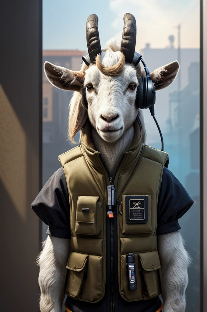 best quality, 8k, masterpiece: 1.4)),((Great details: 1.3)),((illustration, Daily hairstyle: 1.2)),((High resolution: 1.1)), A cute goat is standing, headphones on head, Tactical vest, Fashionab, Soft light, colorful, Depth of field, cinematic lighting, From below, anatomically correct, Great painting art, There is no man