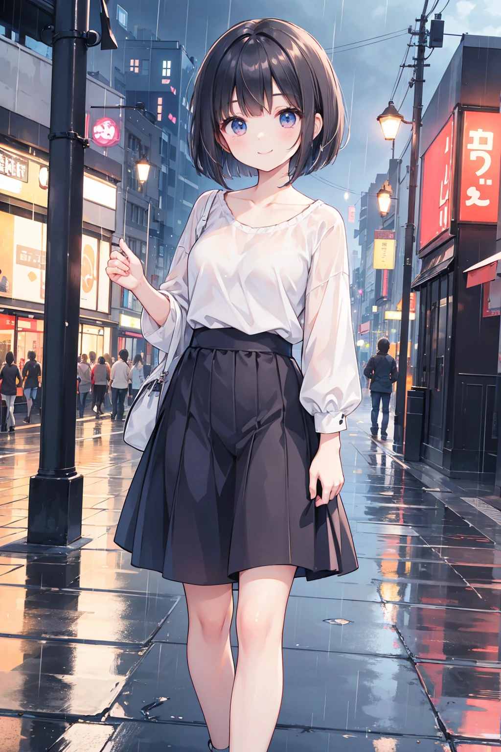 Photorealistic、Highest quality、Highest Resolution、Highest quality、８Ｋ、Beautiful woman、cute、Bob Cut Hair、Dark Hair、Casual clothing、smile、Smile、rain、Walking around the city、