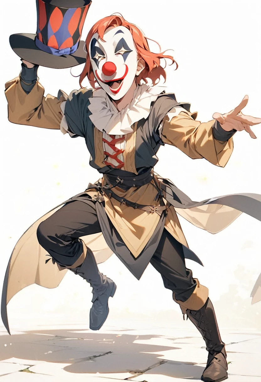 ({masterpiece}},{best quality,}，white background,full body，middle Ages,1man,clown mask，Top Hat，Lively，Handsome，Lean，({masterpiece}},{best quality}