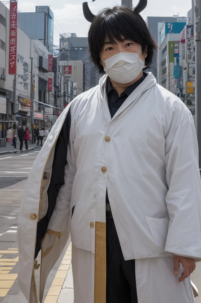 (Highest quality、High resolution、8K、Accuracy、masterpiece: 1.2)。世にも奇妙なgod様。god々しく超巨大なgodが、Standing in Tokyo, Japan。It has a strange atmosphere, but it blends in naturally with the city of Tokyo.。(background:Shibuya cityscape)Clear blue sky。god々しくまがまがしいgod様。Large Noh mask of an old man(White lieutenant)Faces like。Abnormally bent body shape。Body silver、Or gold。Head is 10 times larger than the body。Long drooping white eyebrows and a white beard。