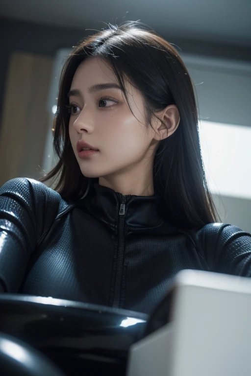 (Raw photo:1.2)、Highest quality、Beautiful detailed girl、Tight Water Suit、Latex Sweatsuit, Laughter、Highly detailed eyes and face、Beautiful and fine details、Large file size、High resolution、High resolution、8k wallpaper details、Highly detailed Ticker uniform 8K wallpaper、Light on the face、Cinema Lighting、18-year-old girl、Sexy pose、(Photorealism:1.4)、Awareness-raising、Surrealism、 From below、Super Detail、masterpiece