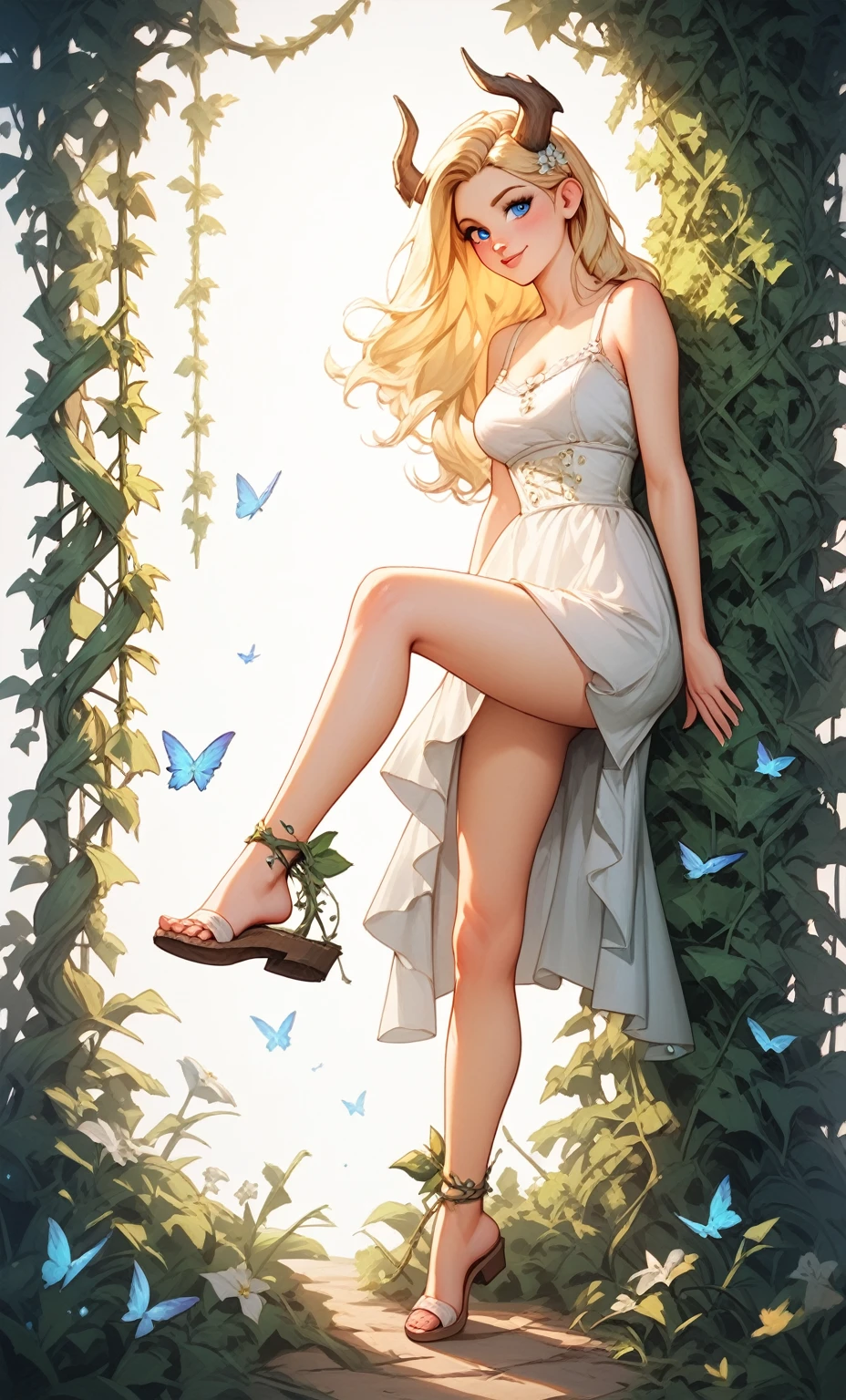 check_9, check_8_up, check_7_up, check_6_up, check_5_up, check_4_up, SorakaLoLXL, masterpiece, Best quality, A high resolution, bbandro, Yellow medieval summer girl, concept, the vines on the hand and the horns from the vine look at the viewer, full length, standing on his feet, legs wrapped in roots, sfw, blonde, Blue eyes
