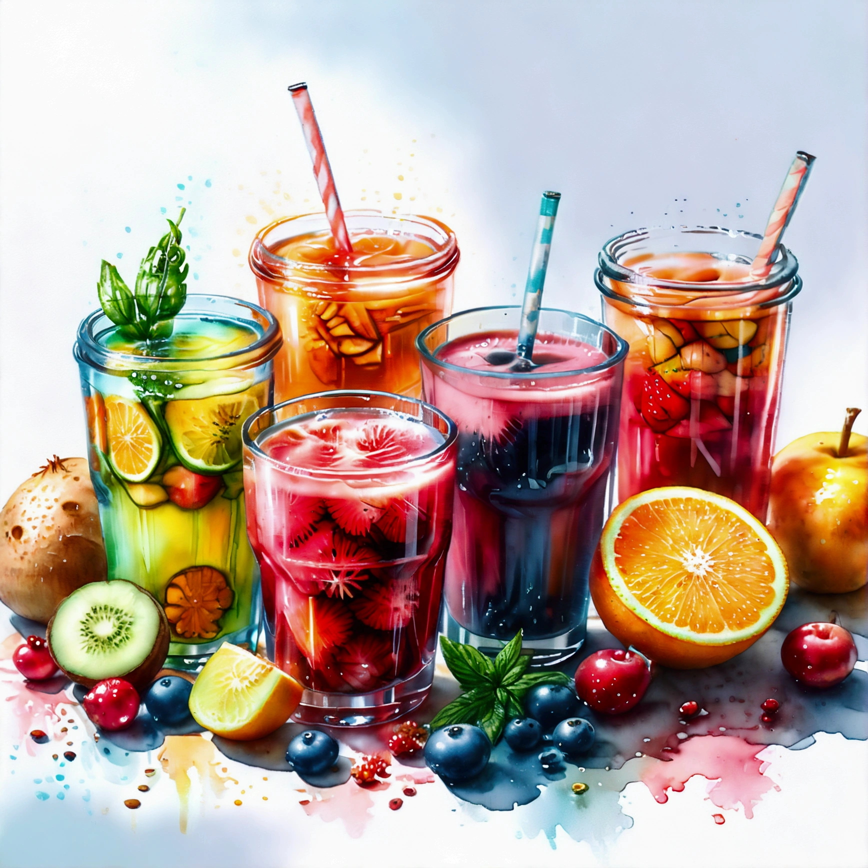 there are many types of colorful healthy drinks served in glasses, the glasses sitting on a surface, juices, smoothie and infused water , illustration, isolated with solid white background, surrounded with negative space, centered composition, highest detailed painting, very precise line, Isolated, clear solid white background, perspective angle of view, ((watercolor:1.5)), (lora:add-detail-xl:1), (masterpiece), (best quality), no bread on the floor, washed out color, (ghibli)