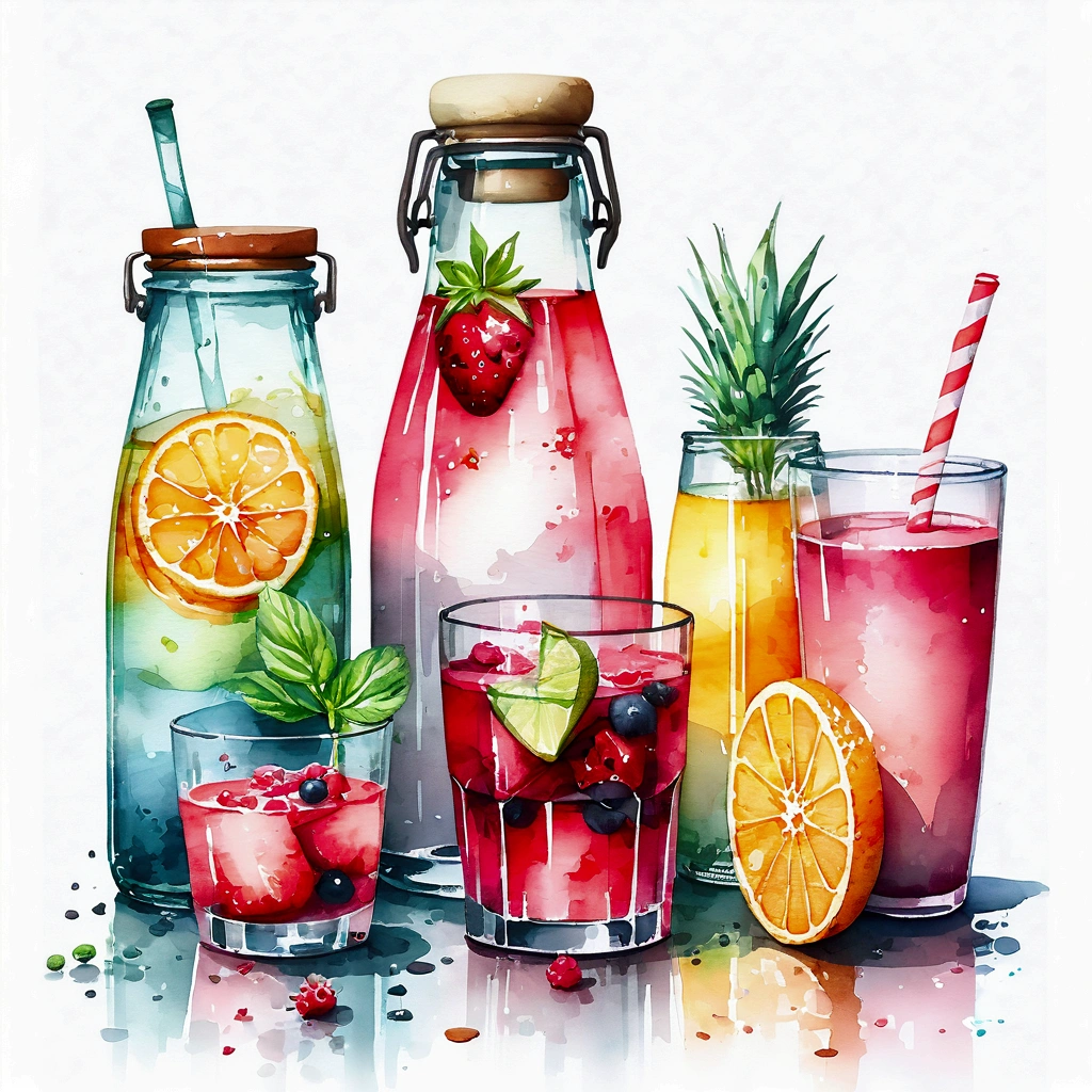 there are many types of colorful healthy drinks served in glasses, the glasses sitting on a surface, juices, smoothie and infused water , illustration, isolated with solid white background, surrounded with negative space, centered composition, highest detailed painting, very precise line, Isolated, clear solid white background, perspective angle of view, ((watercolor:1.5)), (lora:add-detail-xl:1), (masterpiece), (best quality), no bread on the floor, washed out color, (ghibli)