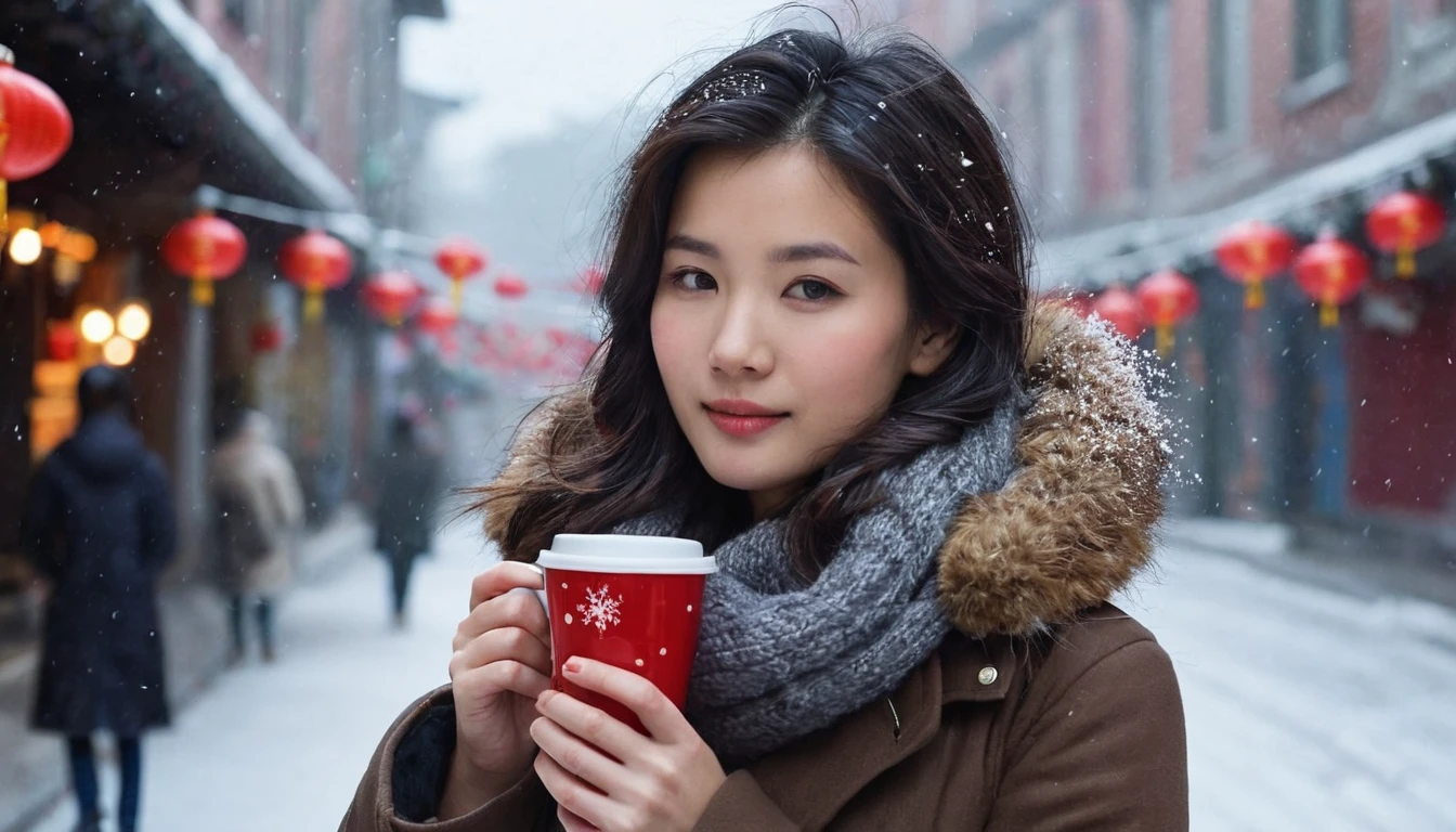 The image depicts a young woman standing outdoors on a snowy day. She is holding a hot beverage cup in both hands, which is likely a coffee or tea. The woman has short, dark hair, and she is dressed warmly in a brown, fur-lined coat. Snowflakes are falling gently around her, with some accumulating on her hair and coat. The background shows an urban street scene with blurred lights and some red lanterns, suggesting it might be a festive season or an area with cultural decorations. The overall mood of the image is serene and slightly melancholic, capturing a moment of quiet in the bustling city. unaestheticXL_bp5