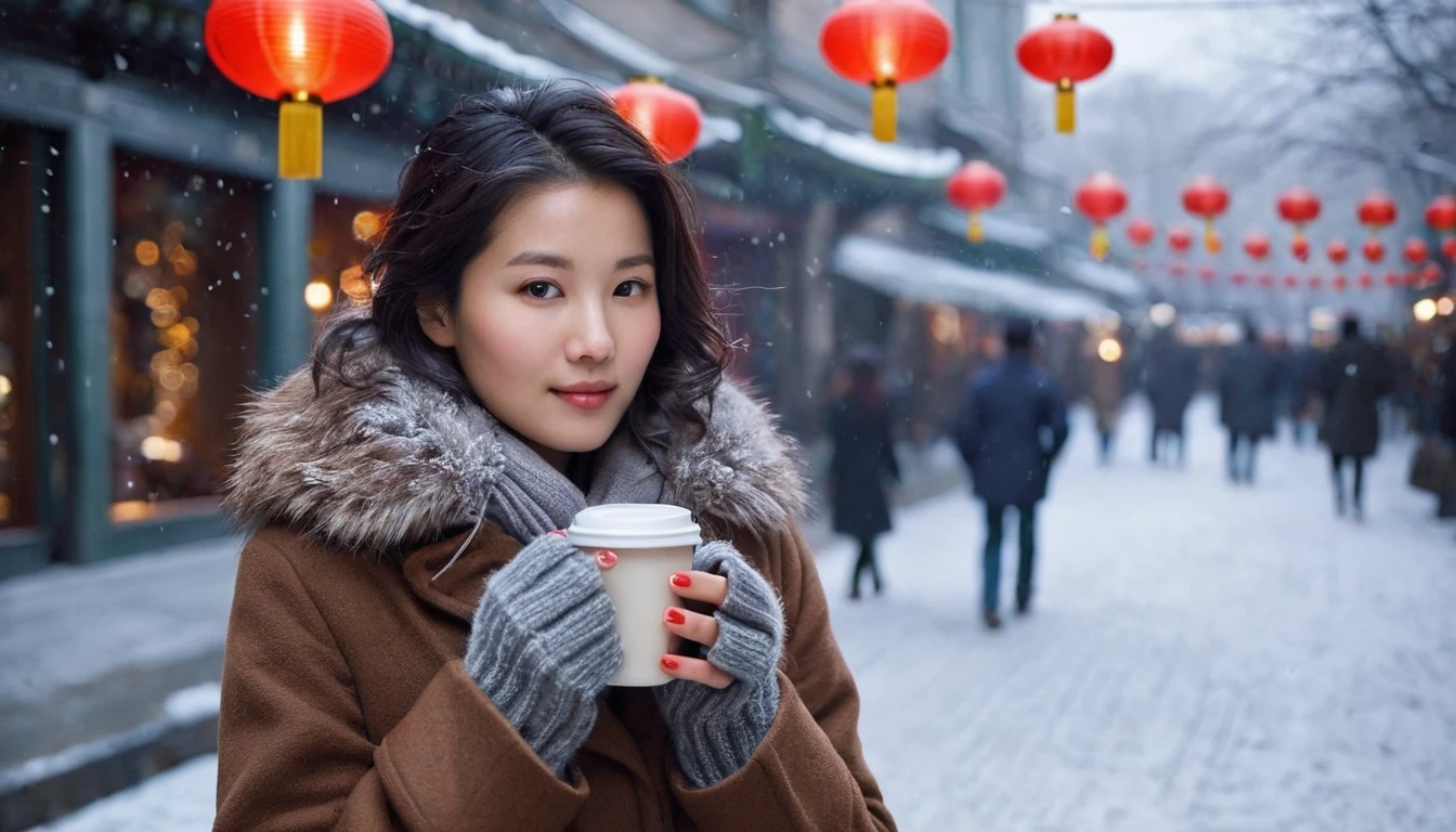 The image depicts a young woman standing outdoors on a snowy day. She is holding a hot beverage cup in both hands, which is likely a coffee or tea. The woman has short, dark hair, and she is dressed warmly in a brown, fur-lined coat. Snowflakes are falling gently around her, with some accumulating on her hair and coat. The background shows an urban street scene with blurred lights and some red lanterns, suggesting it might be a festive season or an area with cultural decorations. The overall mood of the image is serene and slightly melancholic, capturing a moment of quiet in the bustling city. unaestheticXL_bp5