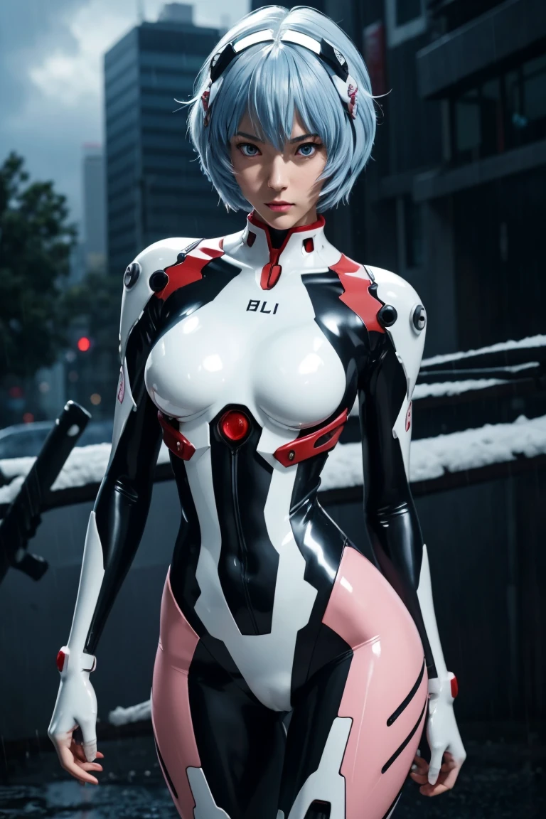 Evangelion,Rei Ayanami,Silver Blue Hair,Red eyes,Red Eyes,Plug Suit,Bodysuits,Interface Headset,白いBodysuits,Ultra HD,super high quality,masterpiece,Digital SLR,Photorealistic,Detailed details,Vivid details,Depicted in detail,A detailed face,Detailed details,Super Detail,Realistic skin texture,Anatomical basis,Perfect Anatomy,Anatomically correct hand,Anatomically correct fingers,Complex 3D rendering,Sexy pose,Rainy Sky,Beautiful scenery,Fantastic rainy sky,Picturesque,Pink Lips,